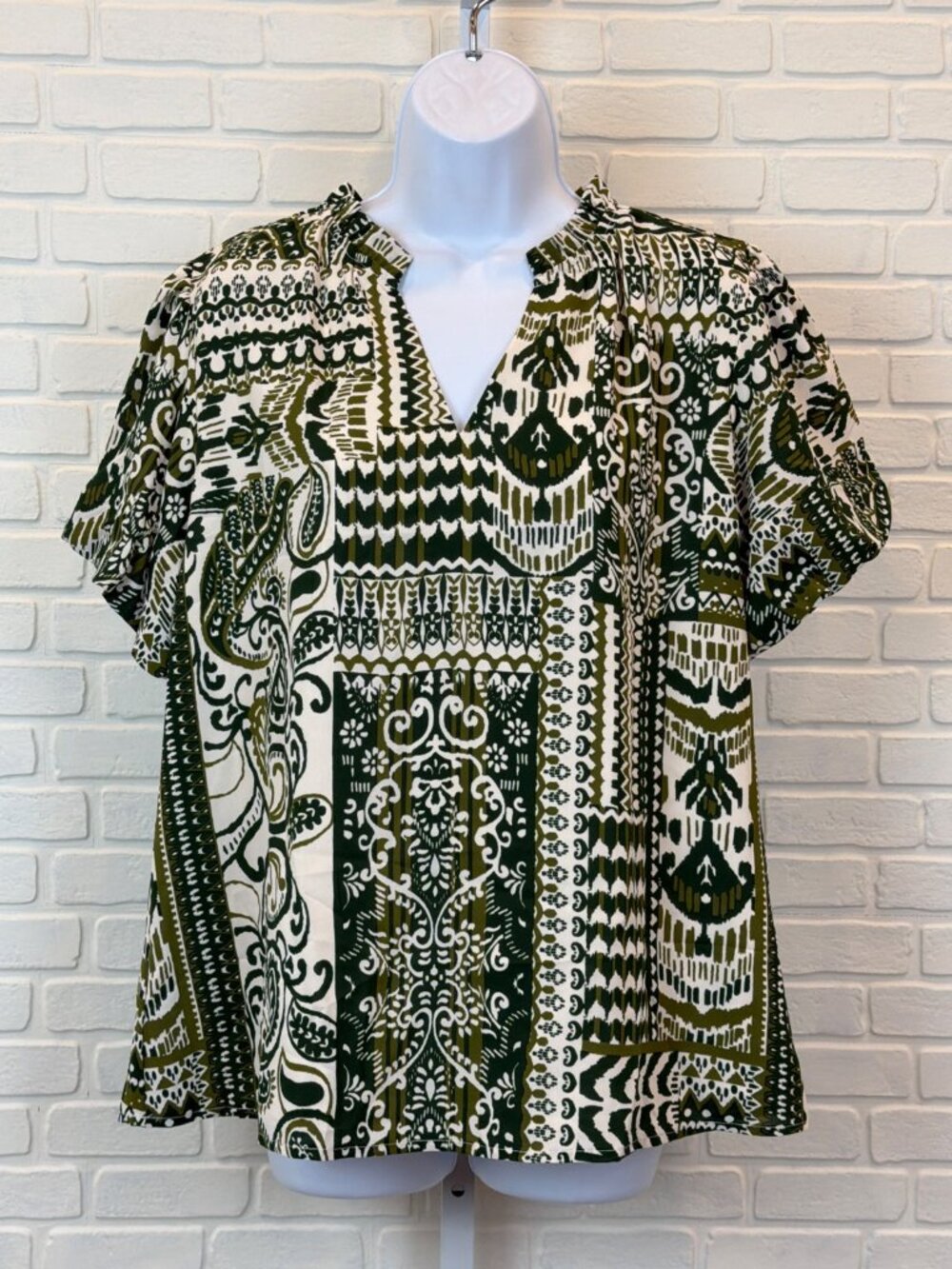 Mascomoda Printed V-Neck Blouse Green Multi Large